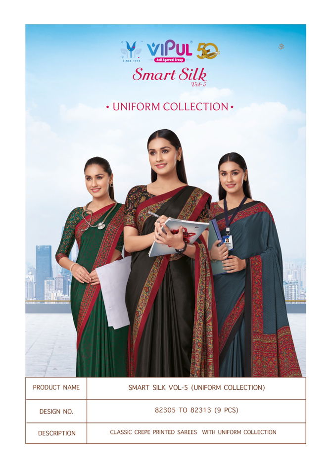 Smart Silk By Vipul Crape Printed Uniform Saree Wholesale Market In Surat